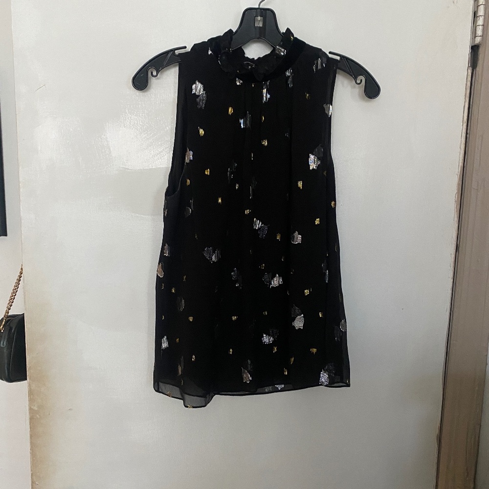 Rebecca Taylor Sleeveless Black Blouse, silver/gold metallic accents